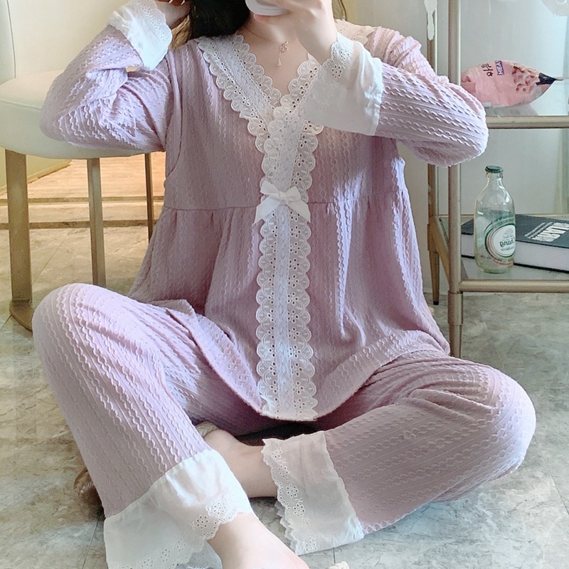 Porođajne noćne pidžame za dojenje od pletenog pamuka s džakardom, 65.35% pamuka, V-izrez, dugi rukavi, čipkasti kardigan