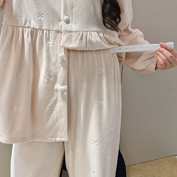 Set trudničkih pidžama – Derong velur, 100% poliester, dugi rukavi, hlače, reljefni dizajn mašne, jesen-zima, 181–200 g/m2