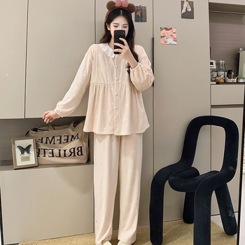 Set trudničkih pidžama – Derong velur, 100% poliester, dugi rukavi, hlače, reljefni dizajn mašne, jesen-zima, 181–200 g/m2