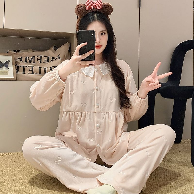 Set trudničkih pidžama – Derong velur, 100% poliester, dugi rukavi, hlače, reljefni dizajn mašne, jesen-zima, 181–200 g/m2