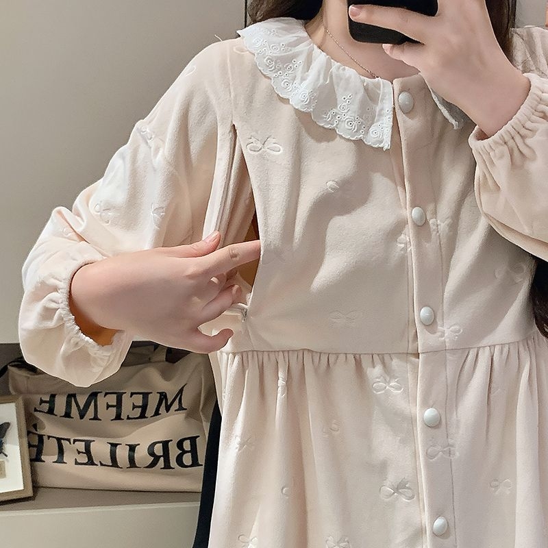 Set trudničkih pidžama – Derong velur, 100% poliester, dugi rukavi, hlače, reljefni dizajn mašne, jesen-zima, 181–200 g/m2