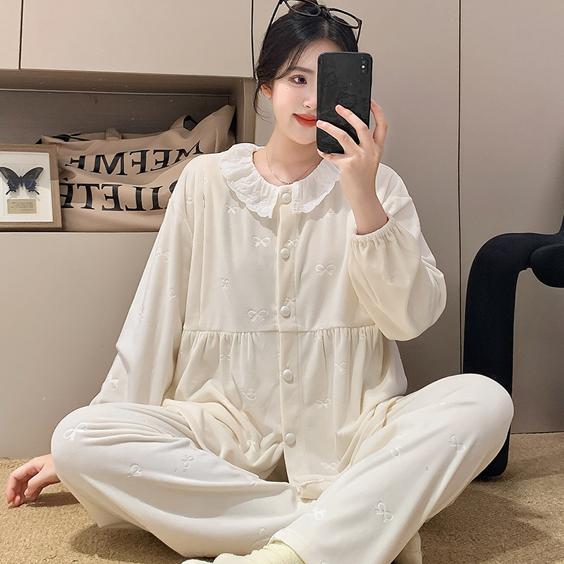 Set trudničkih pidžama – Derong velur, 100% poliester, dugi rukavi, hlače, reljefni dizajn mašne, jesen-zima, 181–200 g/m2