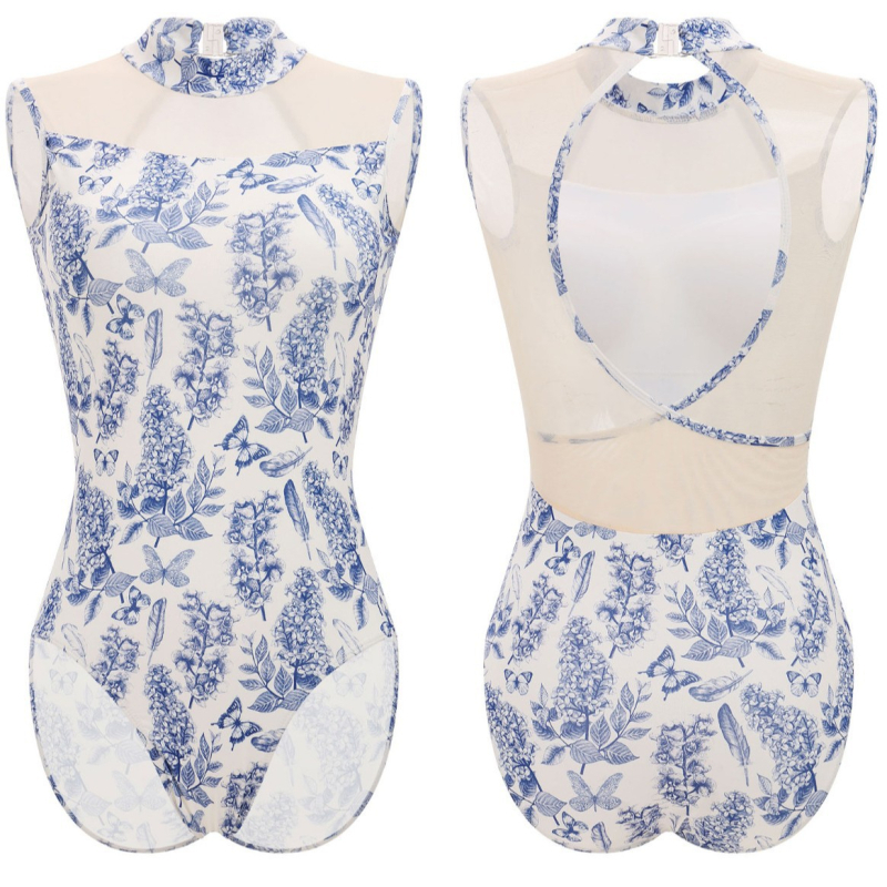 Unitard de dans fără mâneci cu imprimeu balet pentru femei adulte – îmbrăcăminte de dans modernă, țesătură poliester, căptușeală poliester