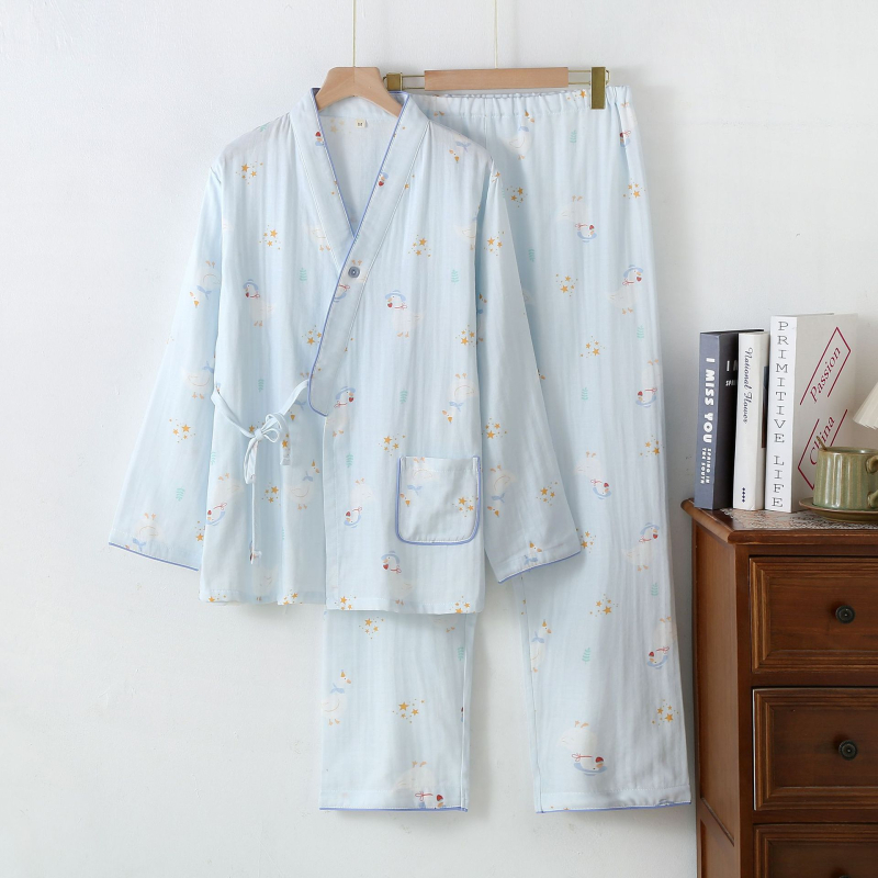 Pijamă de maternitate pentru alăptare, stil kimono, 95–100% bumbac, mâneci lungi, pantaloni