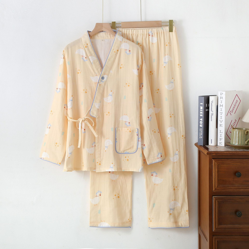 Pijamă de maternitate pentru alăptare, stil kimono, 95–100% bumbac, mâneci lungi, pantaloni