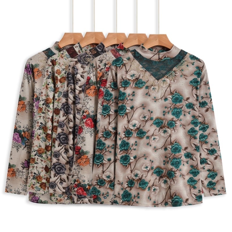 Tričko s kvetinovým vzorom, polyesterový materiál, dlhé rukávy, voľný strih