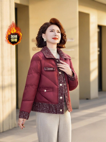 Ženski kratki kaput s kačjim puhom i pamukom punjenim, rever ovratnik, standardni kroj, vanjski materijal poliester (50–65 cm; dugi rukavi; jednostruko kopčanje)