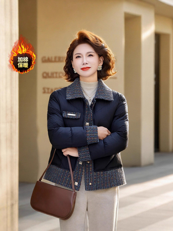 Ženski kratki kaput s kačjim puhom i pamukom punjenim, rever ovratnik, standardni kroj, vanjski materijal poliester (50–65 cm; dugi rukavi; jednostruko kopčanje)