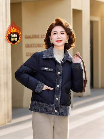 Ženski kratki kaput s kačjim puhom i pamukom punjenim, rever ovratnik, standardni kroj, vanjski materijal poliester (50–65 cm; dugi rukavi; jednostruko kopčanje)