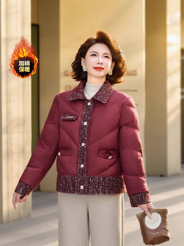 Ženski kratki kaput s kačjim puhom i pamukom punjenim, rever ovratnik, standardni kroj, vanjski materijal poliester (50–65 cm; dugi rukavi; jednostruko kopčanje)