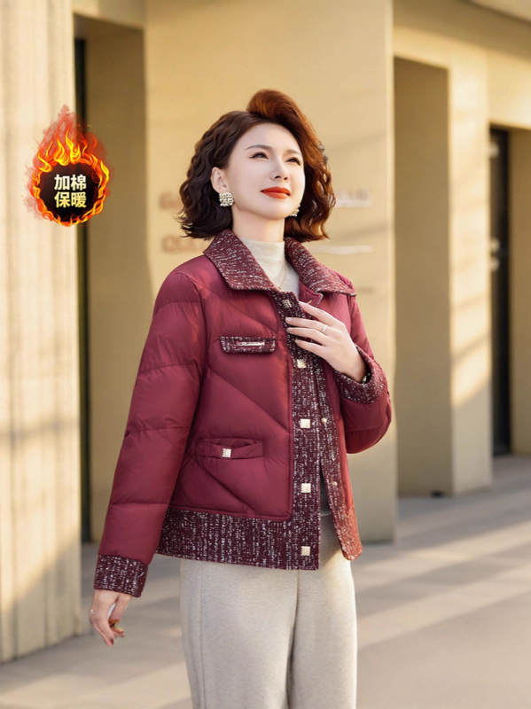 Ženski kratki kaput s kačjim puhom i pamukom punjenim, rever ovratnik, standardni kroj, vanjski materijal poliester (50–65 cm; dugi rukavi; jednostruko kopčanje)