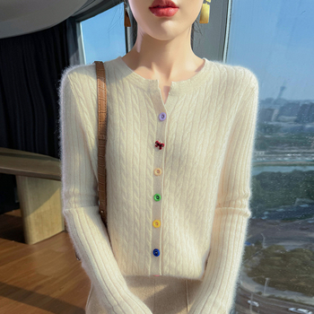 Ženski kardigan od kašmira i vune, okrugli izrez, dugih rukava, jednobojna boja, minimalistički stil Japansko-korejski (Jesen/Zima 2025)