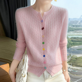 Ženski kardigan od kašmira i vune, okrugli izrez, dugih rukava, jednobojna boja, minimalistički stil Japansko-korejski (Jesen/Zima 2025)