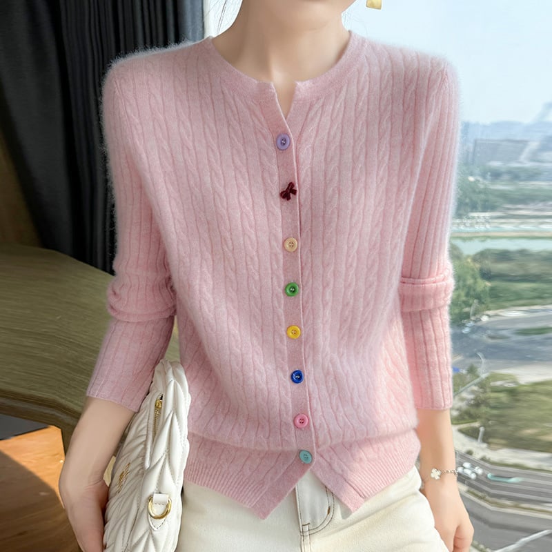 Ženski kardigan od kašmira i vune, okrugli izrez, dugih rukava, jednobojna boja, minimalistički stil Japansko-korejski (Jesen/Zima 2025)