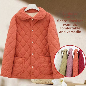 Miesto stiliaus languota medvilninė pūkuota striukė, laisvas kirpimas, ruduo 2025, V kaklas, vidutinio ilgio