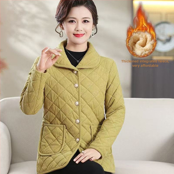 Miesto stiliaus languota medvilninė pūkuota striukė, laisvas kirpimas, ruduo 2025, V kaklas, vidutinio ilgio