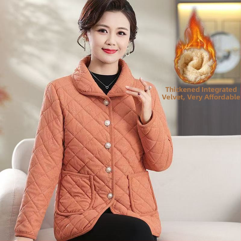 Miesto stiliaus languota medvilninė pūkuota striukė, laisvas kirpimas, ruduo 2025, V kaklas, vidutinio ilgio