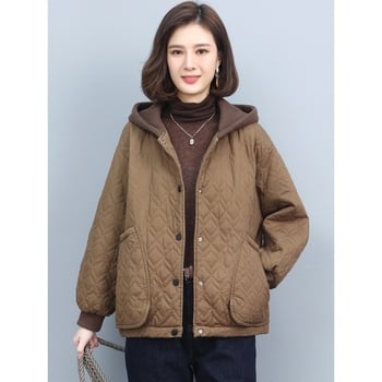 Pamukasti napuhani kaput s kapuljom, ležeran kroj, dugi rukavi, srednja duljina, jednostruko kopčanje