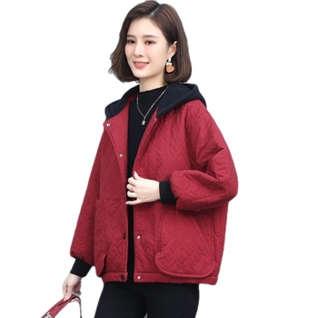 Pamukasti napuhani kaput s kapuljom, ležeran kroj, dugi rukavi, srednja duljina, jednostruko kopčanje