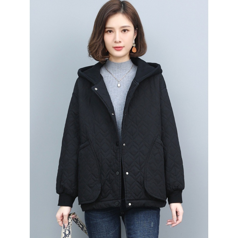 Pamukasti napuhani kaput s kapuljom, ležeran kroj, dugi rukavi, srednja duljina, jednostruko kopčanje