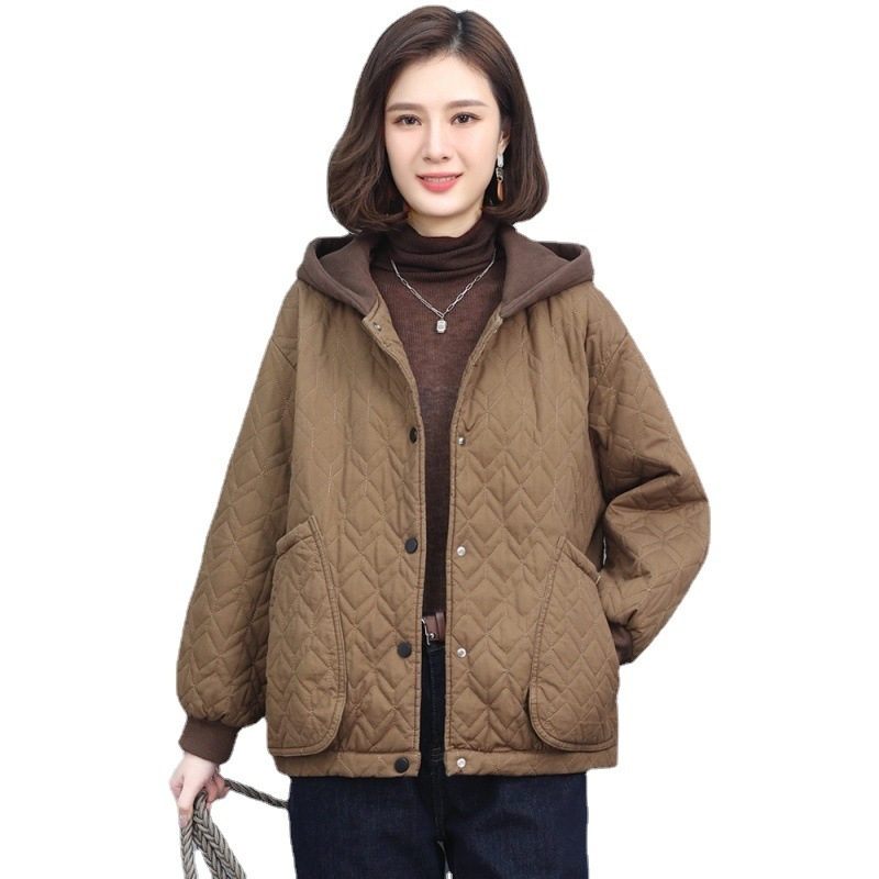 Pamukasti napuhani kaput s kapuljom, ležeran kroj, dugi rukavi, srednja duljina, jednostruko kopčanje