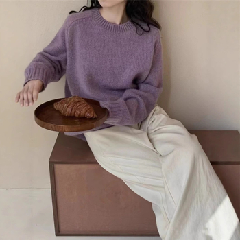 Dámsky vlnený pletený sveter s kapucňou, okrúhly výstrih, dlhé rukávy, voľný strih, hrubý úplet