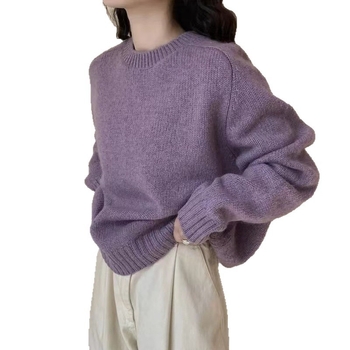 Dámsky vlnený pletený sveter s kapucňou, okrúhly výstrih, dlhé rukávy, voľný strih, hrubý úplet