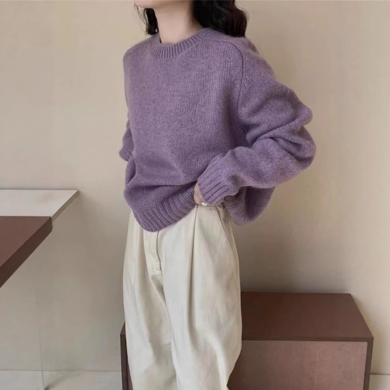 Dámsky vlnený pletený sveter s kapucňou, okrúhly výstrih, dlhé rukávy, voľný strih, hrubý úplet