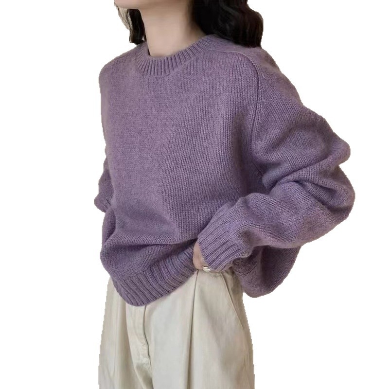 Dámsky vlnený pletený sveter s kapucňou, okrúhly výstrih, dlhé rukávy, voľný strih, hrubý úplet