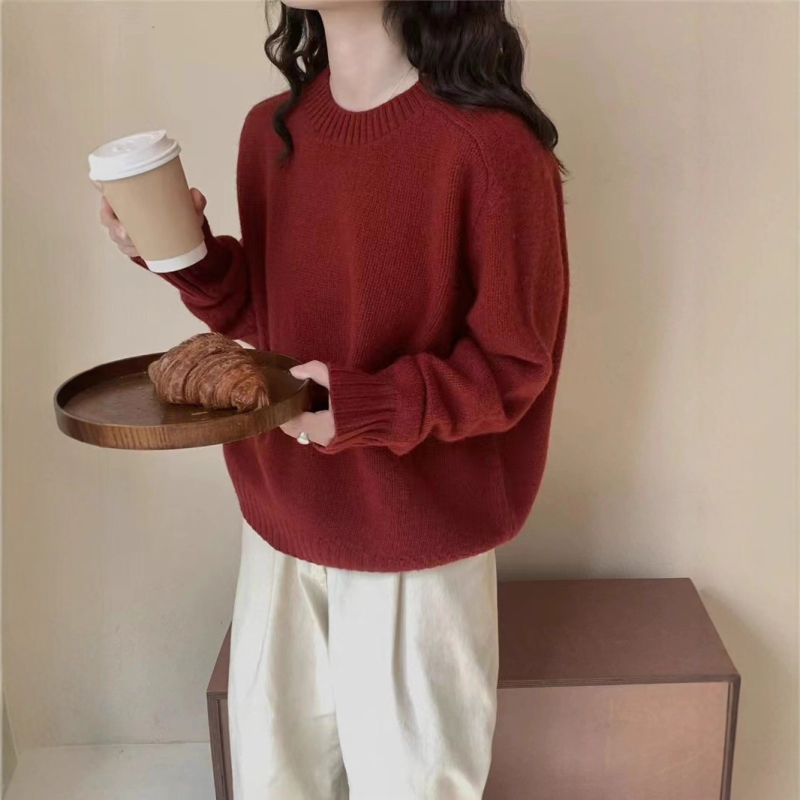 Dámsky vlnený pletený sveter s kapucňou, okrúhly výstrih, dlhé rukávy, voľný strih, hrubý úplet