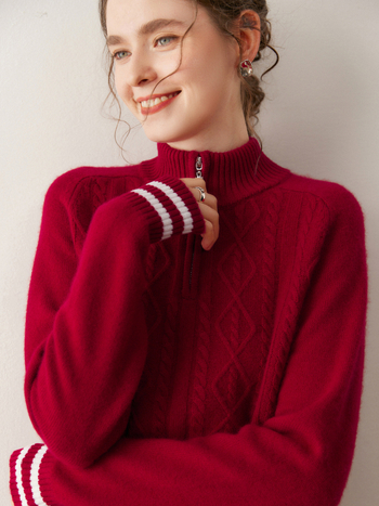 Queyangchun kašmir pulover s polujzipom i kapuljom, žakardna pletenina, debeo i toplo za zimu 2025