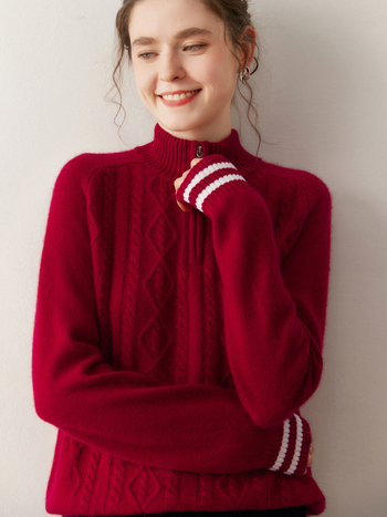 Queyangchun kašmir pulover s polujzipom i kapuljom, žakardna pletenina, debeo i toplo za zimu 2025