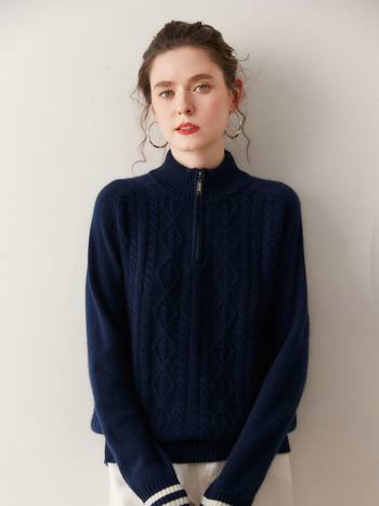 Queyangchun kašmir pulover s polujzipom i kapuljom, žakardna pletenina, debeo i toplo za zimu 2025