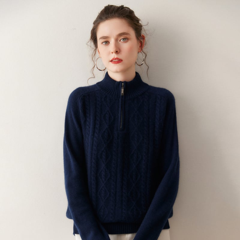 Queyangchun kašmir pulover s polujzipom i kapuljom, žakardna pletenina, debeo i toplo za zimu 2025