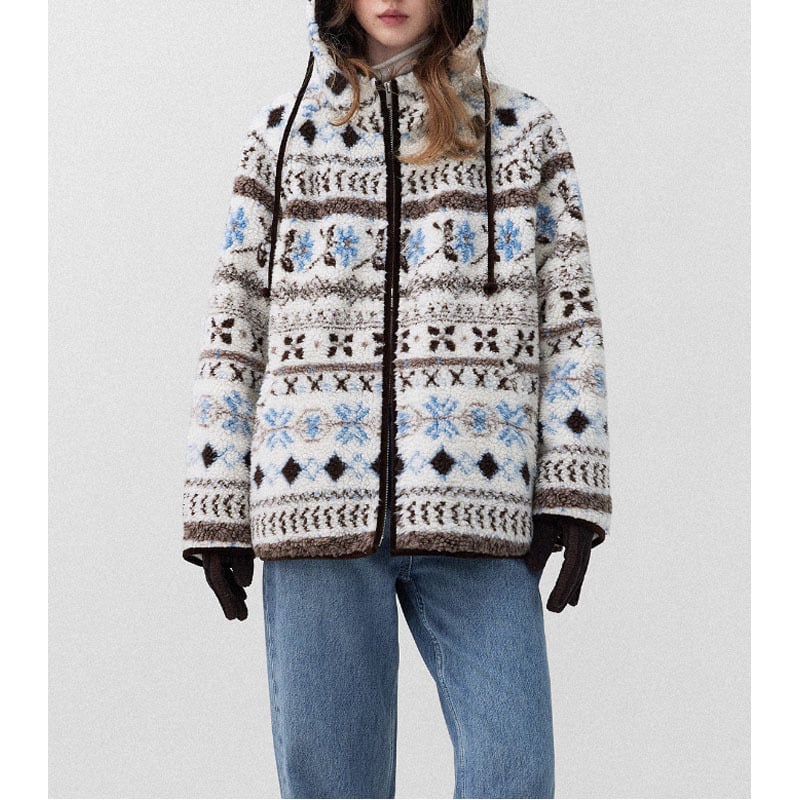 Ženska kratka jakna s punom od poliester-pamuk i imitirane ovčje vune, Glacier Snowman uzorak, kapuljača, zatvarač, debela zimska odjeća 2025