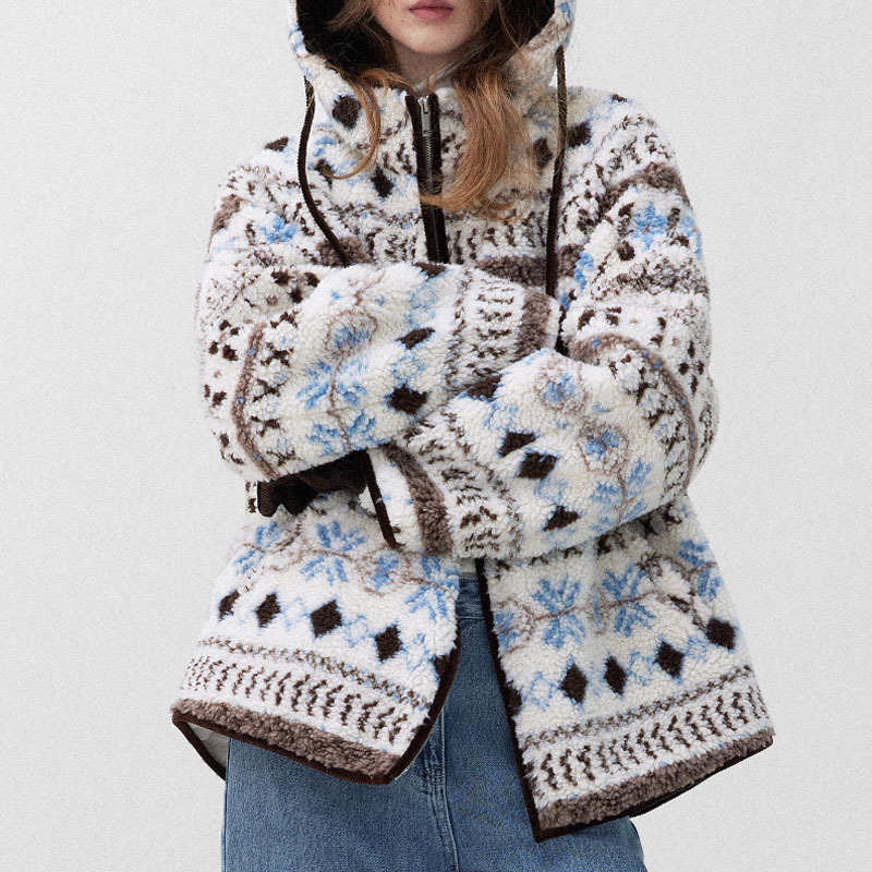 Ženska kratka jakna s punom od poliester-pamuk i imitirane ovčje vune, Glacier Snowman uzorak, kapuljača, zatvarač, debela zimska odjeća 2025