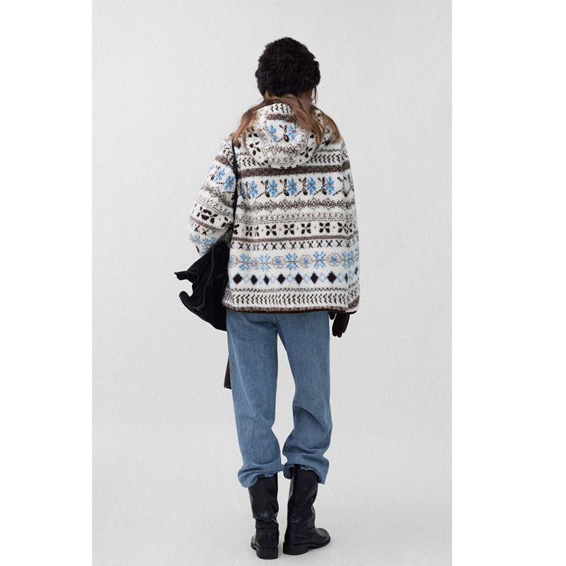 Ženska kratka jakna s punom od poliester-pamuk i imitirane ovčje vune, Glacier Snowman uzorak, kapuljača, zatvarač, debela zimska odjeća 2025