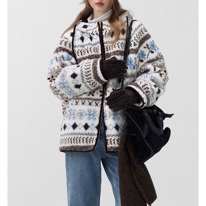 Ženska kratka jakna s punom od poliester-pamuk i imitirane ovčje vune, Glacier Snowman uzorak, kapuljača, zatvarač, debela zimska odjeća 2025