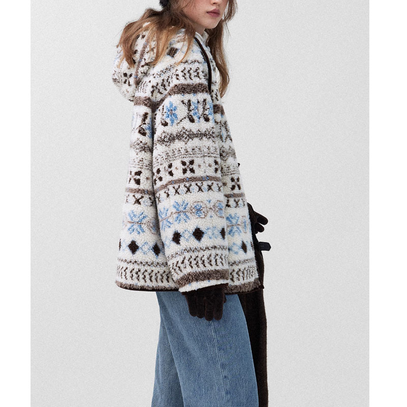 Ženska kratka jakna s punom od poliester-pamuk i imitirane ovčje vune, Glacier Snowman uzorak, kapuljača, zatvarač, debela zimska odjeća 2025