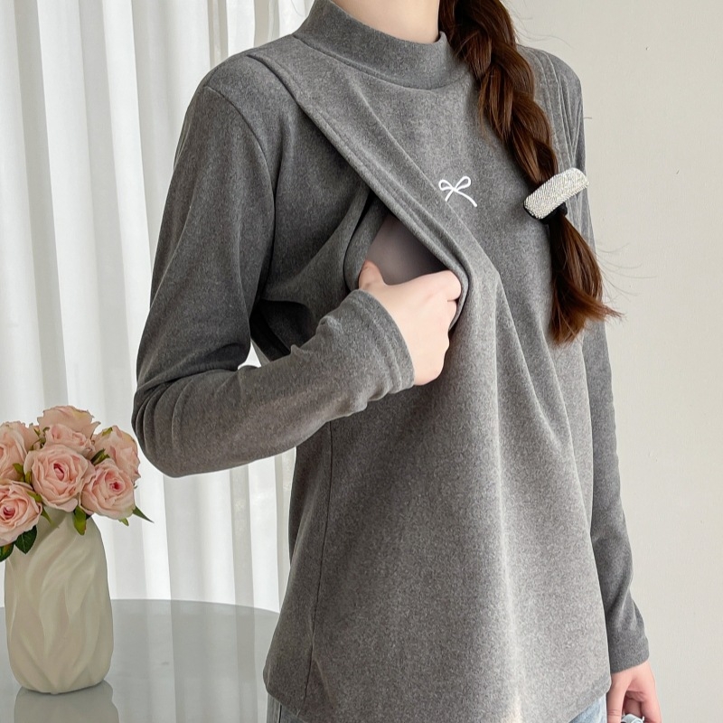 Top za dojenje nakon poroda s otiskom na prsima, Derong akrilna tkanina (90–95%), polu-visoki ovratnik, pulover