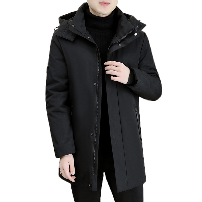 Мъжка средно дълга памучно-пълнена куртка с качулка; полиестерен външен слой; цип; пълнеж 70% памук; подплата памук