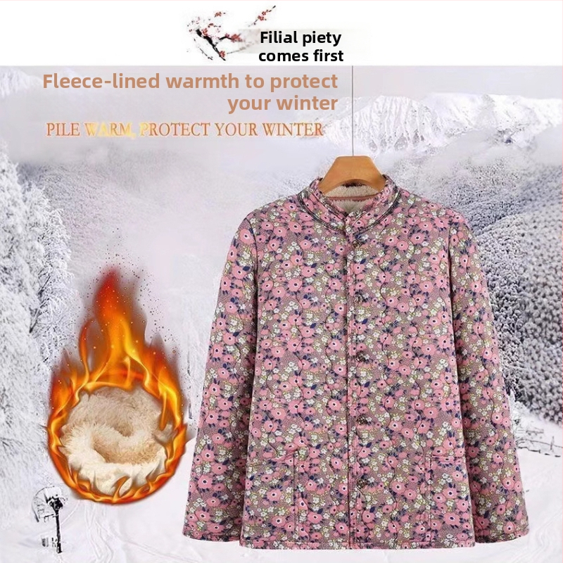 Moterų žieminis medvilninis palto su šilko-pamuko užpildymu, tankus, stovintis apykaklė, spalvų derinimo raštas, įprastas ilgis (50–65 cm)