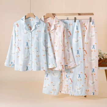 Cartoon stil majčinski kućni set za dojenje, dvostruka pamučna gaze, 100% pamuk, rever ovratnik, dugi rukavi, hlače, za proljeće-ljeto-jesen