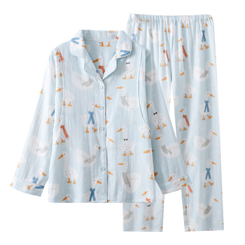 Cartoon stil majčinski kućni set za dojenje, dvostruka pamučna gaze, 100% pamuk, rever ovratnik, dugi rukavi, hlače, za proljeće-ljeto-jesen