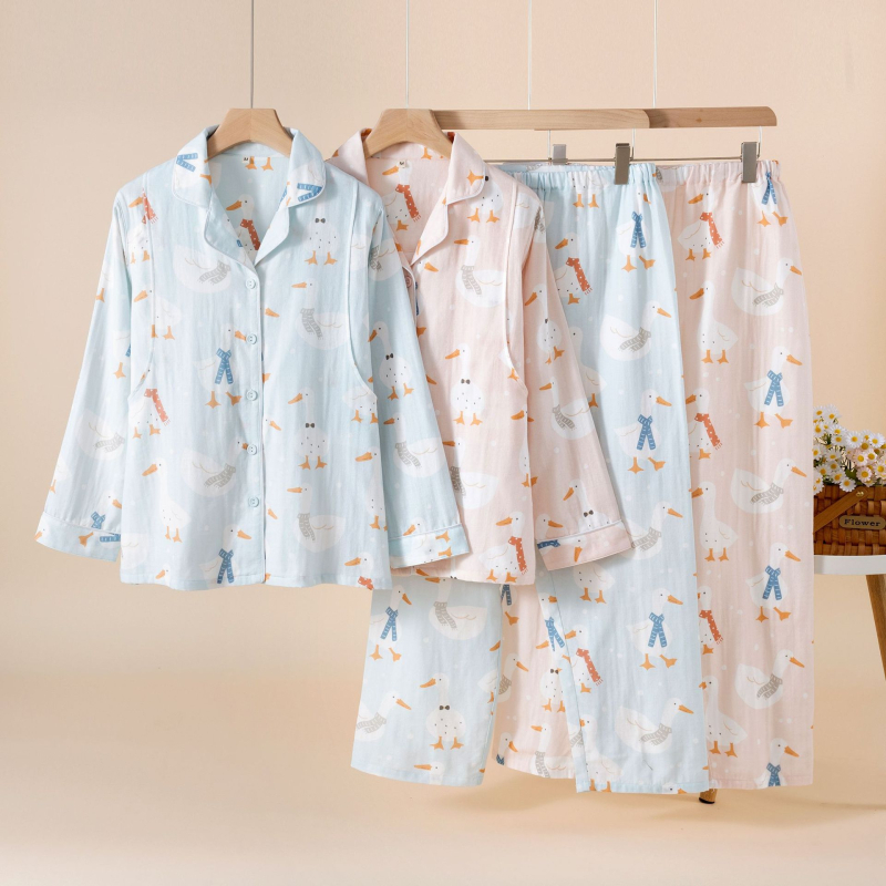 Cartoon stil majčinski kućni set za dojenje, dvostruka pamučna gaze, 100% pamuk, rever ovratnik, dugi rukavi, hlače, za proljeće-ljeto-jesen