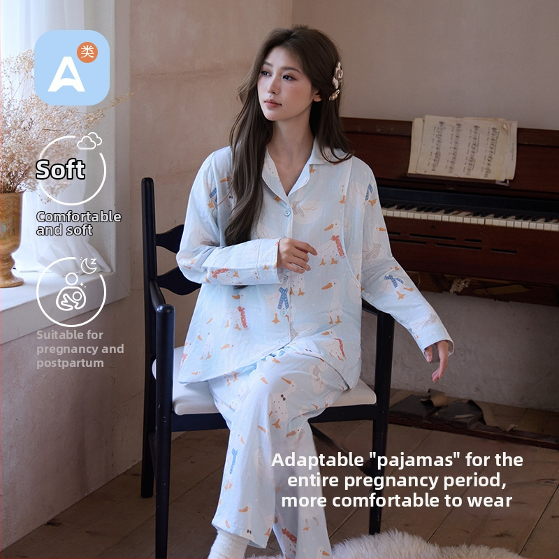 Kartúnový tehotenský domáci set na dojčenie, dvojitá bavlnená gáza, 100% bavlna, rever golier, dlhé rukávy, nohavice, jar-let-jesen