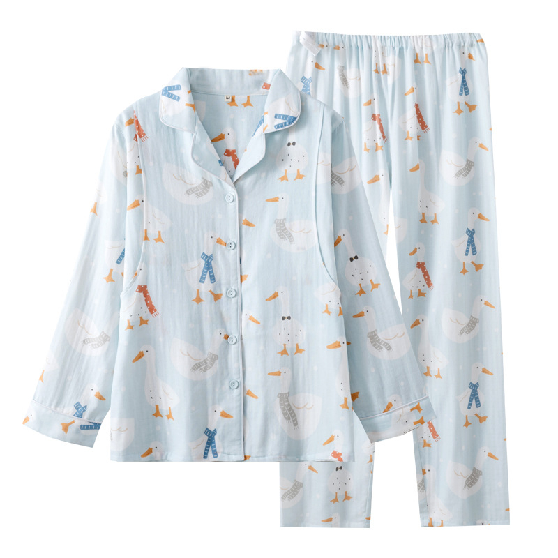 Cartoon stil majčinski kućni set za dojenje, dvostruka pamučna gaze, 100% pamuk, rever ovratnik, dugi rukavi, hlače, za proljeće-ljeto-jesen