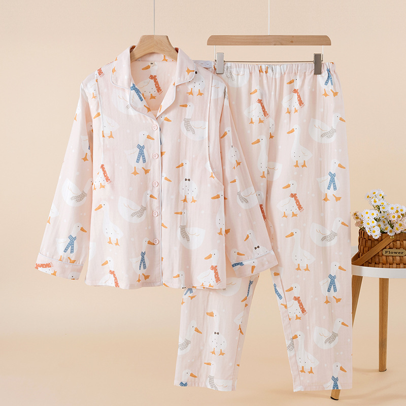 Cartoon stil majčinski kućni set za dojenje, dvostruka pamučna gaze, 100% pamuk, rever ovratnik, dugi rukavi, hlače, za proljeće-ljeto-jesen