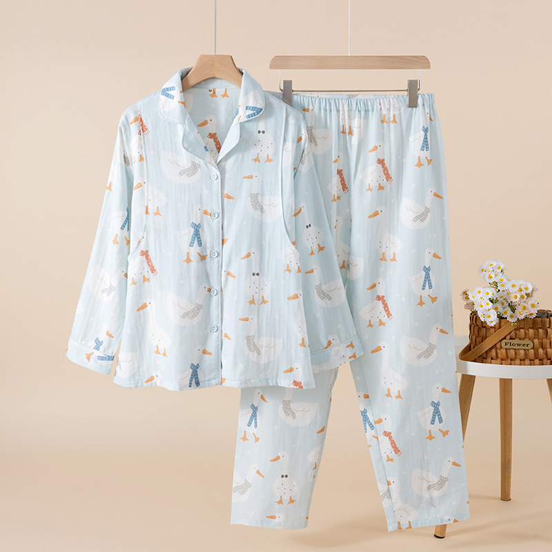 Cartoon stil majčinski kućni set za dojenje, dvostruka pamučna gaze, 100% pamuk, rever ovratnik, dugi rukavi, hlače, za proljeće-ljeto-jesen