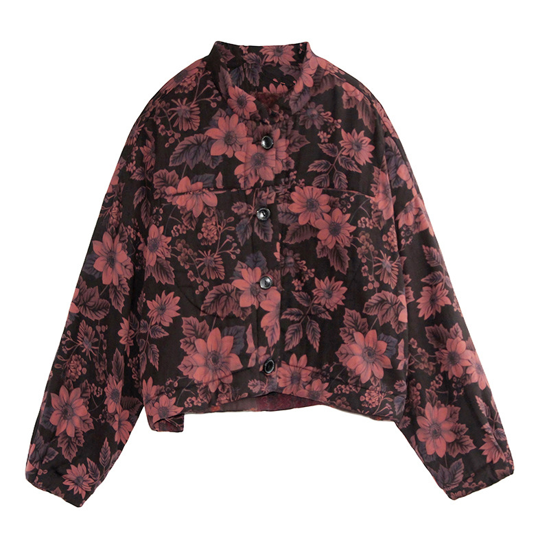 Kratki pamučni kaput s Arctic fleece punom, floralni uzorak, twill pamuk-lina, stojeći ovratnik, front s kopčama, padovi ramena, nostalgični retro stil, Zima 2025